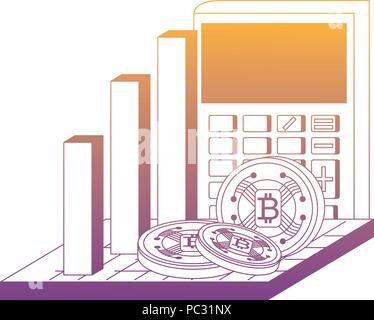 bar chart with calculator and cryptocoins over white background, vector illustration Stock Vector