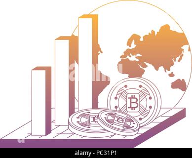 bar chart with earth planet and cryptocoins over white background, vector illustration Stock Vector