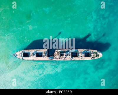 Aerial Drone View Of Old Shipwreck Ghost Ship Stock Photo