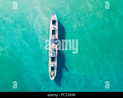 Aerial Drone View Of Old Shipwreck Ghost Ship Stock Photo