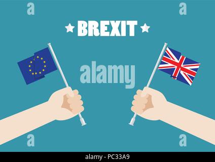 Hands holding European Union and British Union Jack flags. Vector illustration Stock Vector