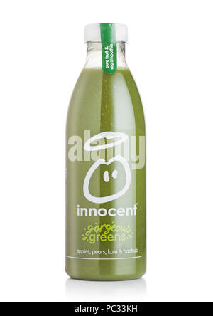 LONDON, UK - AUGUST 10, 2018: Bottle of Innocent organic smoothie juice drink with apple and pear flavour on white. Stock Photo