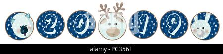Animal cartoon flat set labels print Winter New year theme, great design for 2019 calendar, Christmas sticker icon, happy birthday party fun card, xmas holiday banner Stock Vector
