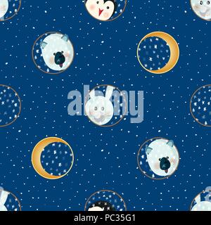 Seamless pattern with animal cartoon flat labels print Winter New year theme, great design for 2019 calendar, Christmas sticker icon, happy birthday party fun card, xmas holiday banner Stock Vector