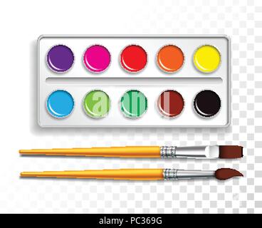 Design set of bright watercolor paints in box with paint brush on transparent background. Colorful vector illustration with school items for kids. Stock Vector