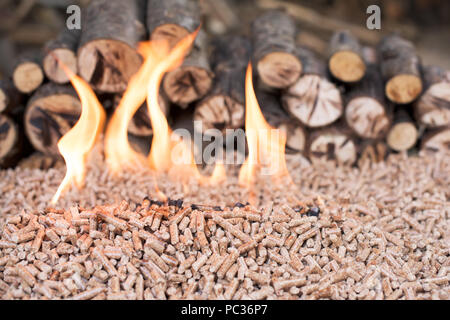 Pile of Oak wooden pellets in flames Stock Photo