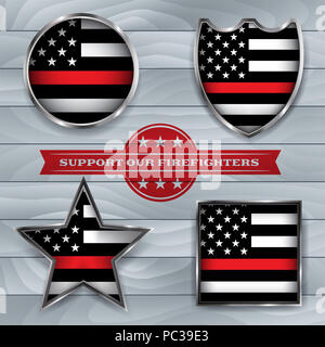 American flag badges and emblems symbolic of support for firefighters. Vector EPS 10 available. Stock Photo