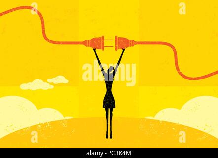 Getting Plugged In A businesswoman connecting a power cord. The woman and electric plug are on a separate labeled layer from the background. Stock Vector
