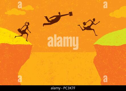 Grass is greener on the other side Business people taking a risk and jumping to where the grass is greener. Stock Vector