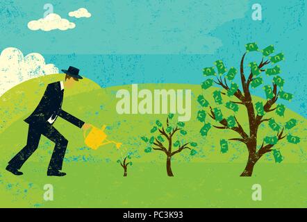 Growing Money Trees A businessman watering money trees over an abstract landscape background. The man and trees are on a separate layer from the backg Stock Vector