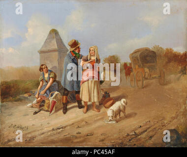 578 Straßenszene 1842 Kutscher und zwei Mädchen an einem Wegkreuz mit Postkutsche Stock Photo
