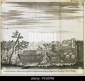 580 Suitte de l'ordre qui s'observe a la pompe funebre de l'enterrement dy Roy de Tunquin en sortant de la ville de Bodego - Tavernier Jean Baptiste - 1692 Stock Photo