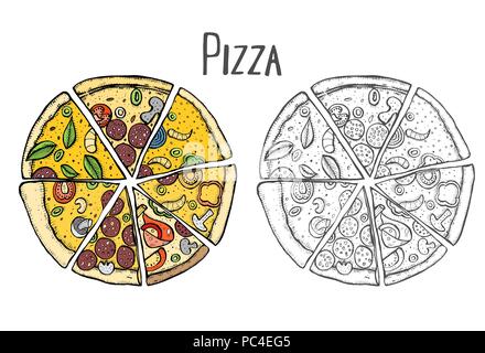 Colored Italian Pizza hand drawn vector illustration. Pizza slices in a circle. Packaging design template. Sketch illustration. Isolated on black Stock Vector