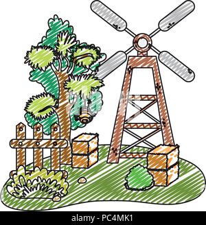 doodle windmill with farm straw bale and wood grillage Stock Vector