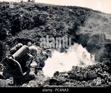 Japanese sniper in a burian tomb using for a snipers nest is burned by ...
