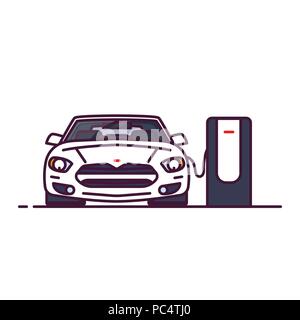 Front view of white luxury sedan car with electro engine. Line style vector illustration. Vehicle and transport banner. Modern electric car charging s Stock Vector