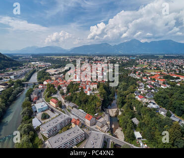 Panorama view of Kranj, Slovenia, Europe Kranj in Slovenia with St. Cantianus Church in the foreground and the Kamnik Alps behind Stock Photo