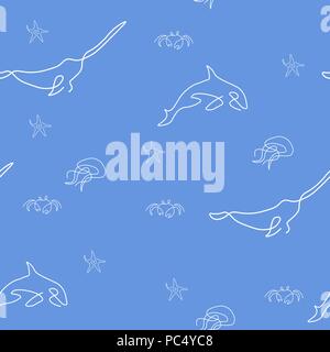 Marine life pattern seamless. Starfish, crab, killer whale, jellyfish, narwhal. Vector illustration. Blue background. Stock Vector