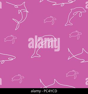 Sea animal pattern seamless. Shark, dolphin, turtle. Vector illustration. Pink background. Stock Vector