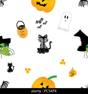 Illustrated Halloween seamless paper with Jack o'Lantern, witch, black cat, candy corn, bat, ghost and Trick or Treat bag on white. Stock Photo