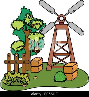 color windmill with farm straw bale and wood grillage Stock Vector