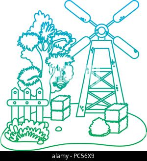 degraded line windmill with farm straw bale and wood grillage Stock Vector