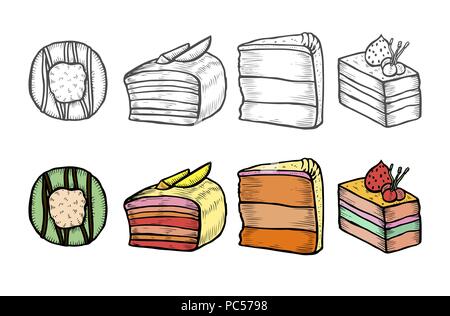 Desserts and sweets color isolated on white background. Hand drawing illustration vector. Cheesecake, macaroons, meringues, muffin, waffles, donuts, c Stock Vector
