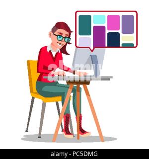 Graphic Designer Working Vector. Woman Searching For References On Popular Creative Web Site. Freelance Concept. Isolated Illustration Stock Vector