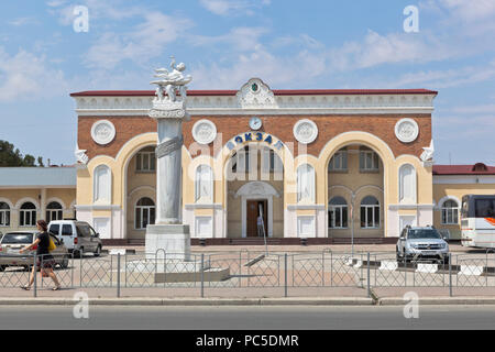 Evpatoria, Crimea, Russia - June 29, 2018: Railway station building in the resort town of Evpatoria, Crimea Stock Photo