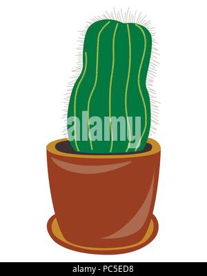 Flat drawing of a cactus. Houseplant. Green cactus in a pot. Isolated, white . Vector Stock Vector