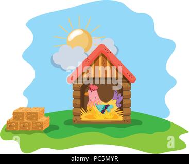 hen inside house brooding with straw bale Stock Vector