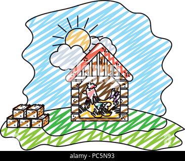 doodle hen inside house brooding with straw bale Stock Vector