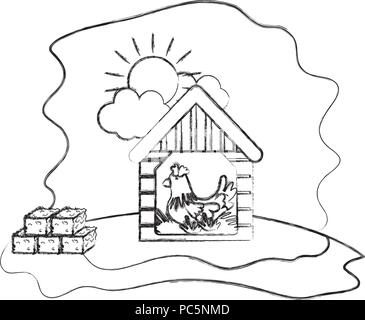 grunge hen inside house brooding with straw bale Stock Vector