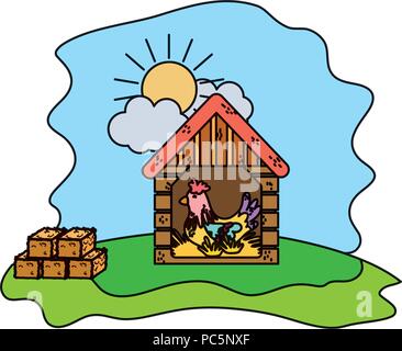 color hen inside house brooding with straw bale Stock Vector