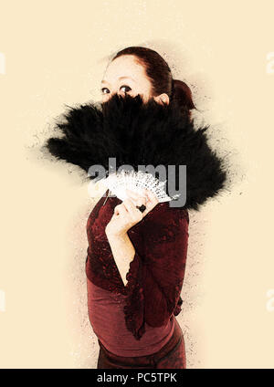 Digitally enhanced image of a young Gothic teen hiding behind a black feathered fan - Model Release Available Stock Photo