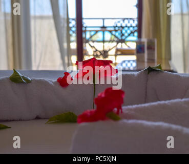 hibiscus petals on bed with beautiful sea view in background Stock Photo