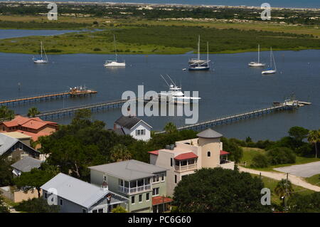 Aerial View of Florida Coastline and Docked Boats on A Sunny Day Stock Photo