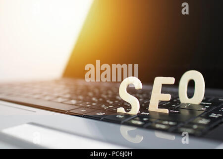Search Engine Optimization concept, wood of SEO on notebook, successful target concept Stock Photo