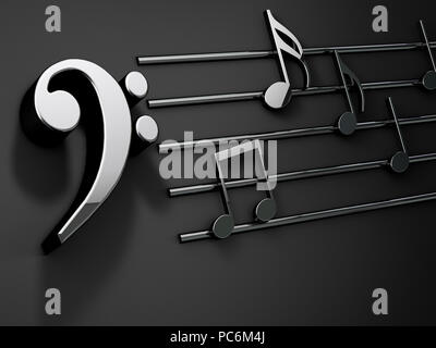 3d illustration of musical notes and musical signs of abstract music sheet.Music background design.Musical writing isolated over black Stock Photo