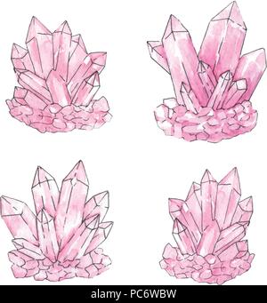 Hand painted watercolor and ink set of pink crystal clusters isolated on the white background. Quartz minerals  vector illustration. Stock Vector