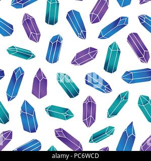 Vector seamless pattern with purple, green and blue crystals on the white background. Gemstones in gradient colors. Stock Vector