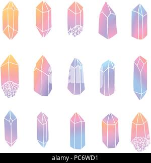 Hand drawn vector crystals set isolated on the white background. Gemstones in pastel gradient colors collection. Stock Vector