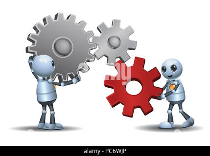 illustration of a little robots connecting the gears on isolated white background Stock Photo