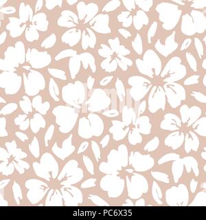 Bold graphic large scale floral vector seamless pattern. Simplistic white hand drawn flowers on pink background. Monochrome blooms and foliage print. Stock Vector