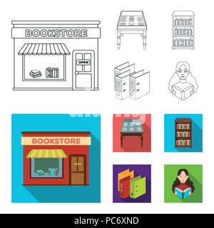 A table with old documents, bookshelves, folders, a visitor. A library and a bookstore set collection icons in outline,flat style vector symbol stock  Stock Vector