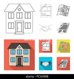 House plan, documents for signing, handshake, terrain plan. Realtor set collection icons in outline,flat style vector symbol stock illustration . Stock Vector