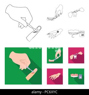 Anesthetic injection, dental instrument, hand manipulation, tooth cleaning and other  icon in outline,flat style. bactericidal plaster, medicine icons Stock Vector