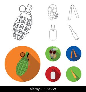 Gas mask, nunchak, ammunition, soldier token. Weapons set collection icons in outline,flat style vector symbol stock illustration . Stock Vector