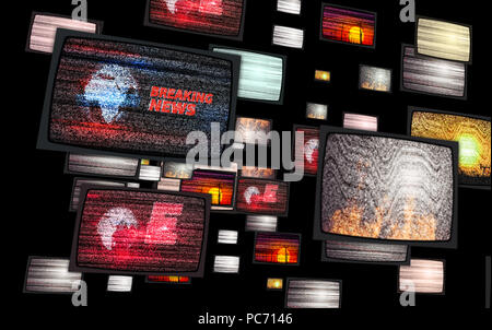 Noise on old tv sets. Flight between television screens with snow and no signal. Television displays in abstract concept and anxiety atmosphere. Stock Photo