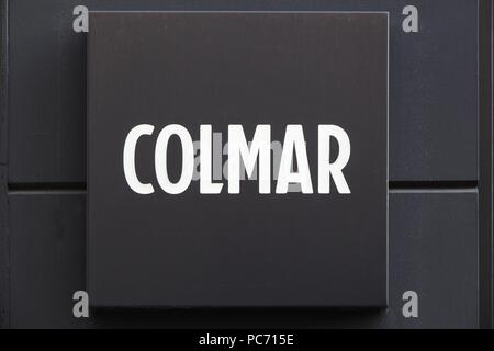 Lyon, France - July 19, 2018: Colmar logo on a wall. The Mario Colombo Manufactory, is an Italian company that produces sportswear Stock Photo